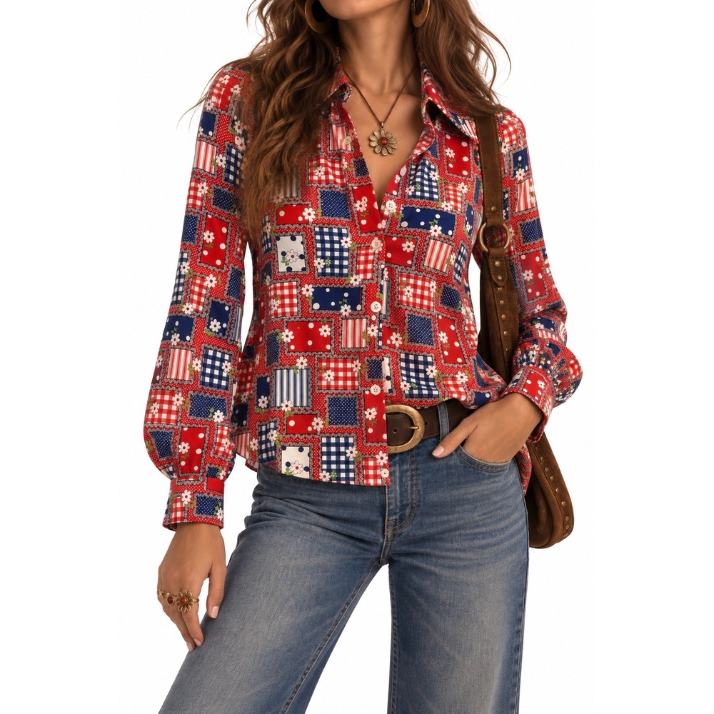 Vintage 70s Patchwork Print Blouse sz L Gingham Daisy Dagger Collar Western